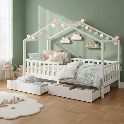 Imagen del producto de Cama infantil Bia de 90x200 cm, tipo casita, color blanco, con 2 cajones y espacio de almacenamiento