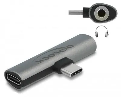 Produktbild von DeLOCK Audio Adapter USB Type-C zu Klinkenbuchse und USB Type-C PD grau, USB Type-C, USB Type-C + 3.5mm, Grau