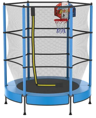 Image de Trampoline pour enfants de 145 cm avec filet de sécurité et panier de basket, couleur bleue