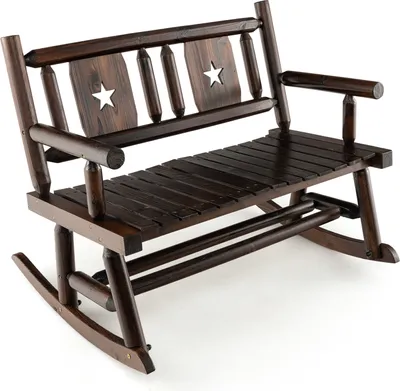 A dark brown wooden rocking bench with star cutouts on the backrest, shown against a white background.