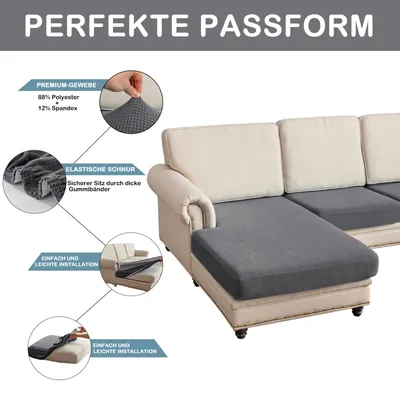 Obrázok produktu pre Poťah pohovky žakárový károvaný Pohovka v tvare L s 2 samostatnými sedadlami a 1 lehátkom, poťah pohovky elastický protišmykový, poťah vankúša elastický tmavosivý