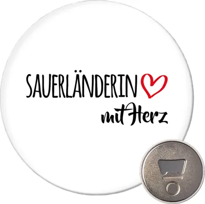 Produktbild von Huuraa Magnet Sauerländerin mit Herz 59mm Kühlschrankmagnet rund Flaschenöffner Geschenkidee