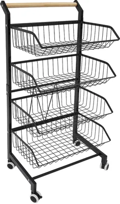 A black metal kitchen cart with four wire baskets and a wooden handle, shown against a white background.