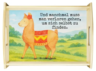 Produktbild von Mr. & Mrs. Panda Servier Tablett Alpaka Stolz Design - Weiß - Geschenk, Serviertablett, Lama, Deko, Holztablett, sofatablett