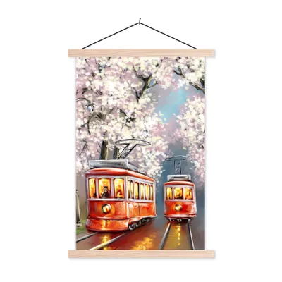 Produktbild von MuchoWow® Textilposter Gemälde - Ölgemälde - Straßenbahn - Blühender Baum 40x60 cm mit holzfarbenen Rahmen - Poster