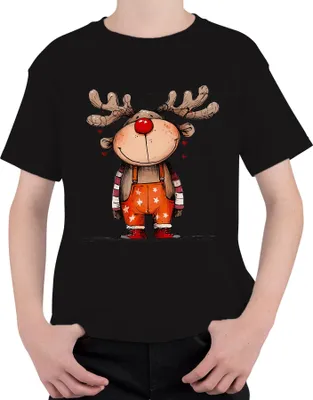 Produktbild von Niedliches Rentier mit roter Nase Rudolf Weihnachten Geschenk Uni Kinder T-Shirt, Schwarz, 116