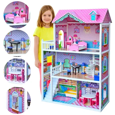 Zdjęcie produktu dla 4iQ Duży drewniany domek dla lalek JULIA 84x34,5x124 cm z akcesoriami