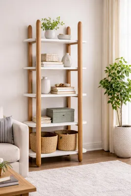 Productafbeelding van Wit-bruin boekenkast, design meubels, houten planken, meubels