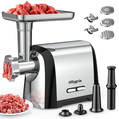 Produktbild von Ollygrin 3000W Elektrischer Fleischwolf, 4 in 1 Multi Küchenmaschine,Wurstmaschine & Kubbe mit 3 Scheiben, 2 Klingen für Haushalt Küche