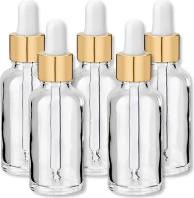 Produktbild von x5 Glasflasche klar 30 ml mit goldener Aluminiumpipette leer 18/415