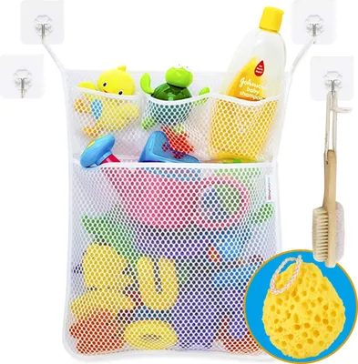 Immagine prodotto di Wemk organizzatore per giocattoli da bagno rete per giocattoli da bagno rete per giocattoli da bagno con 4 ganci autoadesivi e spugna da bagno