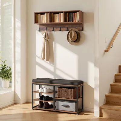Image de VEVOR : portemanteau avec banc, combinaison de meuble à chaussures et de portemanteau avec crochets et étagère, portemanteau mural, étagère à chaussures avec espace de rangement (5 compartiments), pour l'entrée, la chambre à coucher, le bureau