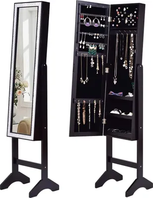 Produktbild von Schmuckschrank mit verstellbarem Ganzkörperspiegel, Schmuckregal stehend, Spiegelschrank für Ketten, Ohrringe und Kosmetik, Standspiegel mit Stauraum, Schminkspiegel (Schwarz)