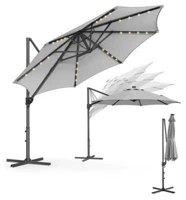 Produktbild von Gartenschirm - Ampelschirm 300 cm - 28 Solar-LEDs - UPF 50 UV-Schutz - 360° drehbar - Kurbel - Kreuzfuß - Braun