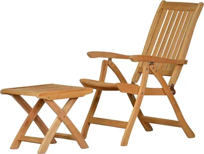 Produktbild von Gartenstuhl Set aus hochwertigem Teak Hochlehner und Teak Fußhocker als Relaxmöbel klappbares Premium-Set aus wetterfestem Teakholz