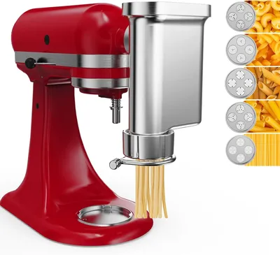 Produktbild von Metall Gourmet Pasta Press Aufsatz für KitchenAid Standmixer – Langlebiger Maker Aufsatz mit 5 austauschbaren Platten für frische hausgemachte Pasta