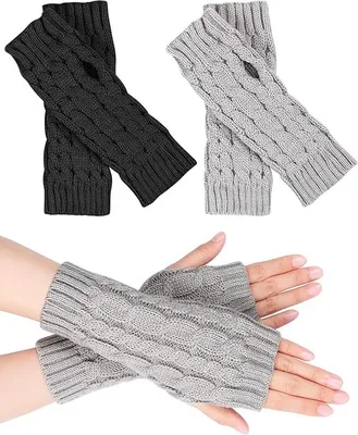 Produktbild von 2 Paar Halb Fingerlose Handschuhe, Damen Pulswärmer Winter Strickhandschuhe Warm Kurzer Halb Handstulpen Uni, schwarz, grau, Einheitsgröße
