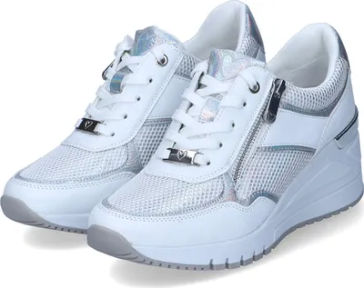 A pair of white wedge sneakers with silver and iridescent accents.