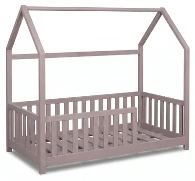 Obrázek produktu pro Dětská postel Buxibo – Dřevěná postel s domkem a bezpečnostními zábradlími – Postel pro batolata – 60x120 cm – Barva: světle šedá