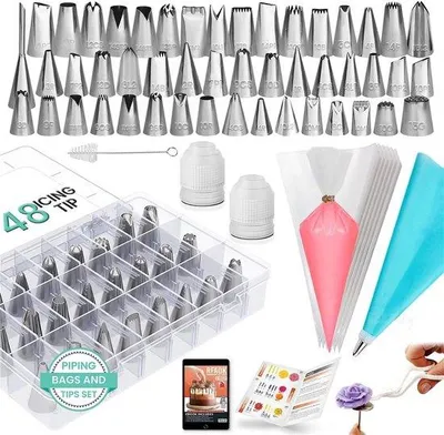 Productafbeelding van 74 Stück Kunststoff-Spuitzangen und -Mundstücke | Dekorations-Kit mit 48 nummerierten Glasuren-Spuitzangen mit Muster-Graphik & eBook - Kunststoff-Blumenheber & Kunststoff-Icing-Bag & Nozzles-Set