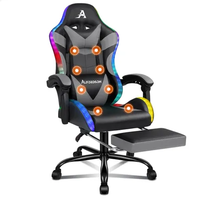 Zdjęcie produktu dla Fotel gamingowy z masażem ALFORDSON, fotel wyścigowy z masażem LED, ergonomiczny fotel biurkowy z pochyleniem 150°, wysuwany podnóżek, skóra PU, 180 kg, szary