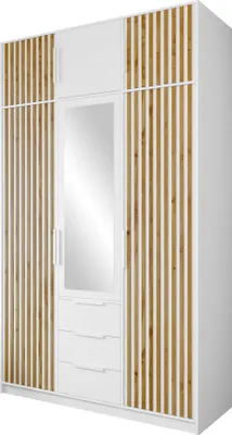 Produktbild von MIRJAN24 Kleiderschrank Tytus Lux D3 mit Schrankaufsatz, Garderobe mit 6 Drehtüren und 3 Schubladen, Aluminumgriffe, Kleiderstange, Frontspiegel (Farbe: Weiß / Weiß + Eiche Wotan)