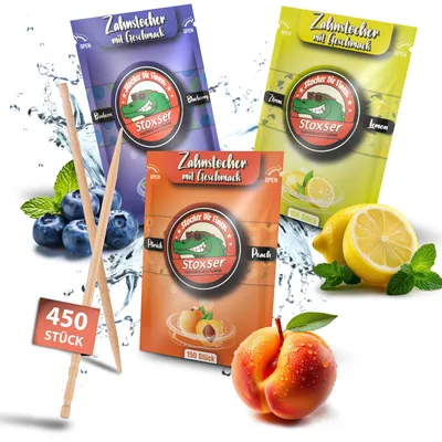 Produktbild von Stoxser 450x Zahnstocher mit Geschmack 3er Pack Blaubeere und Zitrone / Lemon und Pfirsich Geschmacksrevolution Zahnstocher Geschmack Kein Kaugummi