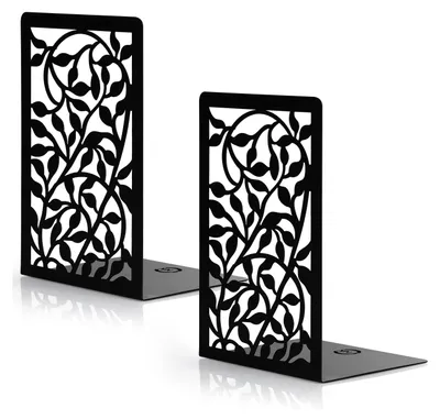 Produktbild von Belle Vous Schwerlast Buchstützen Metall Schwarz mit Blumenmuster (1 Paar) - Anti-Rutsch Buchstütze Schwarz für Bücher & CDs - Halter für Ordner,