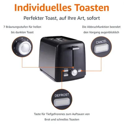 Productafbeelding van Amazon Basics Broodrooster, keukenapparatuur, 2 sleuven, 7 bruiningsniveaus, uitneembaar, gemakkelijk schoon te maken, snel