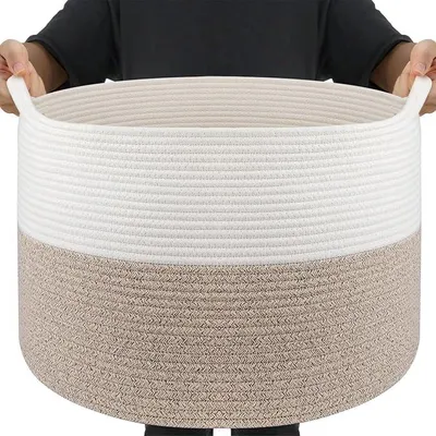 Produktbild von PolkaHome® Aufbewahrungskorb aus Baumwollseil, Wäschekorb groß für Kleidung, Spielzeug, Decken, 55 x 35 cm, 68 l, faltbare