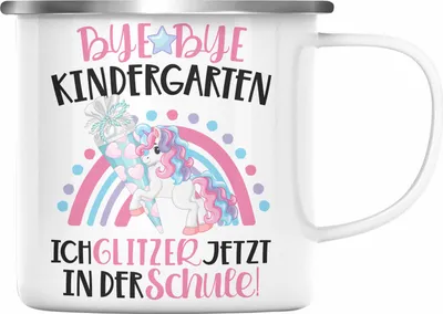 Produktbild von Trendation - Schulkind 2022 Einhorn Einschulung Mädchen Geschenk Emaille Tasse Schulstart 1. Schultag Schuleinführung Schulanfang Geschenkidee 2022 Schulkind Pferde Grafik (Silber)