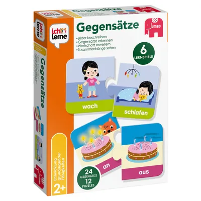 The image shows the front of a game box for a children's learning game called "Gegensätze" (Opposites).