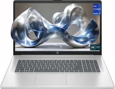 A silver HP laptop is shown open, displaying its screen and keyboard.