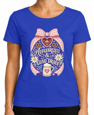 Imagen del producto de Camiseta de para mujer, estilo "Aufgebrezelt & Guad Drauf", con diseño de traje tradicional bávaro, color azul, talla 3XL