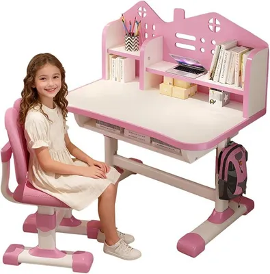 Image de Bureau et chaise pour enfant, réglables en hauteur de 53 à 77 cm, pour filles de 3 à 12 ans. Bureau pour enfant, table ergonomique avec chaise, idéal pour l'étude et le dessin, couleur rose