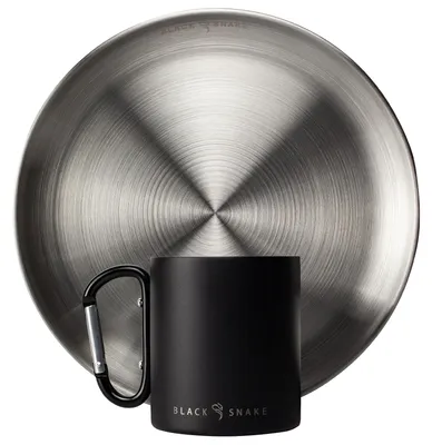 Produktbild von Black Snake® Camping Set - flacher Edelstahl Teller mit Karabinerhaken Thermo Tasse - robustes Outdoor Geschirr für Camping, Wandern & Picknick - 1 Person