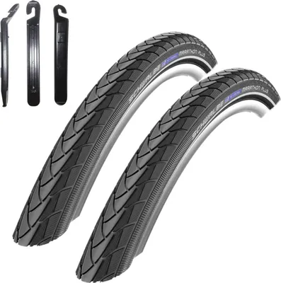 Image de 2 pneus de vélo Schwalbe Marathon Plus anti-crevaison en noir avec réflecteur 37-590 (26 x 1 3/8) avec 3 démonte-pneus