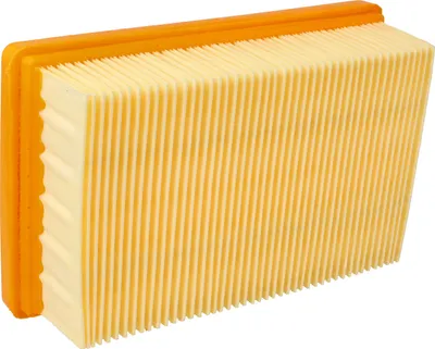 A rectangular air filter with orange plastic edges and a pleated yellow filter medium, isolated on a white background.