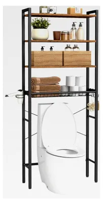 Produktbild von Toilettenregal, Badezimmerregal mit verstellbaren Ablagen und Gitterkorb, WC-Regal mit Föhnhalter, 3 Haken, platzsparend, 24 x 60 x 173 cm, vintagebraun