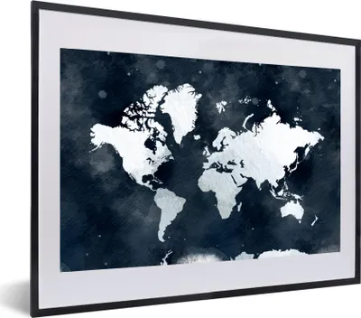 Produktbild von MuchoWow® MuchoWow® Gerahmtes Poster Weltkarte - Blau - Aquarell 60x40 cm - Poster mit zchwarzem Bilderrahmen - Schlafzimmer - Plakat in Rahmen - Drucken