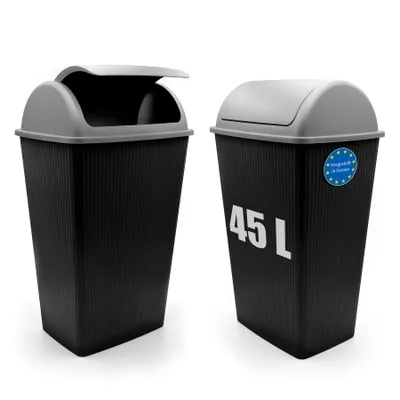 Two black trash cans with gray lids, one open and one closed, displayed against a white background.
