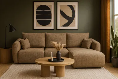 Productafbeelding van Drie-zitsbank met slaapfunctie, model RUDEN, bekleed met stof Bello, bruin, met een chaise longue aan de rechterkant