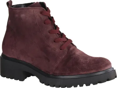 A single burgundy suede boot with laces and a thick black sole is shown against a white background.