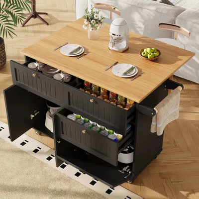 Produktbild von MODFU Speisewagen mit Holzmaserung und ausziehbaren Funktionsschränken, Moderner Küchenschrank,Buffetschrank mit Schubladen,schwarz