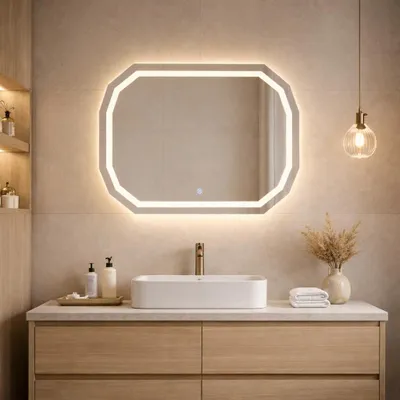 Immagine prodotto di Specchio 90x70 con bordo sfaccettato e illuminato a led