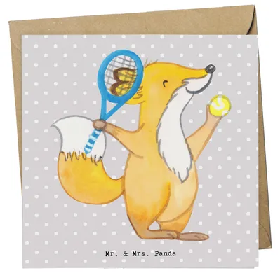 Produktbild von Mr. & Mrs. Panda Grußkarte Fuchs Tennis spielen - Grau Pastell - Geschenk, Klappkarte, doppelkarte, Tennisverein, Ballsportart, Turnier, Glückwunschkarte, faltkarte