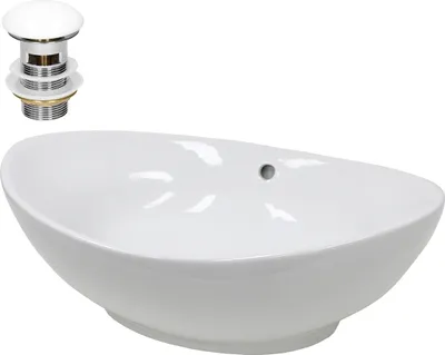 Produktbild von LuxeBath Waschbecken Aufsatzwaschbecken Oval, 59x39x20 cm, Weiß, aus Keramik, inkl. Ablaufgarnitur mit Überlauf
