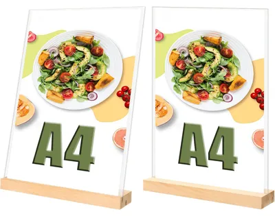 Immagine prodotto di 2 supporti da tavolo in formato A4, in acrilico con base in legno, ideali per pubblicità e menu
