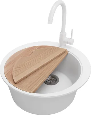 Produktbild von PRIMAGRAN Granitspüle Weiß 53x53cm, Spülbecken Rund 1 Becken + Küchenarmatur 32x20cm + Ablauf-Set + Schneidebrett, Küchenspüle ab 50er Unterschrank - Pisa Max