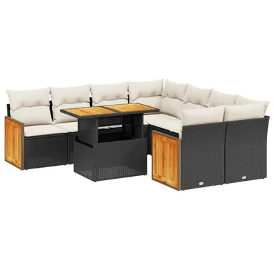 Produktbild von Modulares Garten-Sofa-Set 9-tlg., Lounge-Garnitur mit verstellbarem Tisch, Poly Rattan Schwarz, Cremeweiße Kissen, UV-beständig
